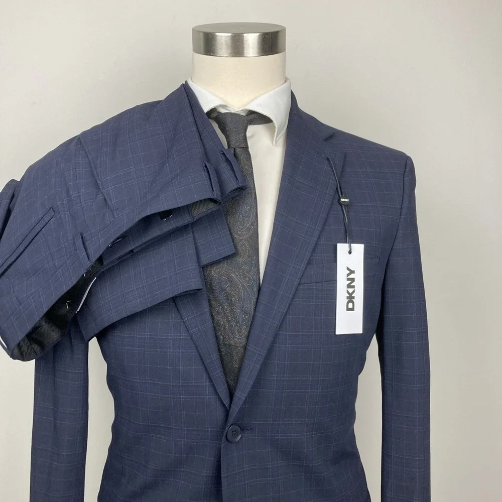 DKNY Mens Modern‎ fit 2-pc Suit Jacket 40L Navy Blue Solid Plaid Pants 35W 33L